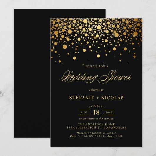 Faux Gold Foil Confetti Stippen Zwart Trouwdouche Kaart (Voorkant / Achterkant)