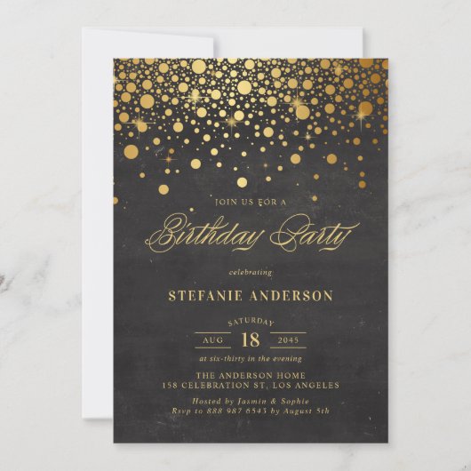 Faux Gold Foil Confetti Stippen Zwart Verjaardag Kaart (Voorkant)