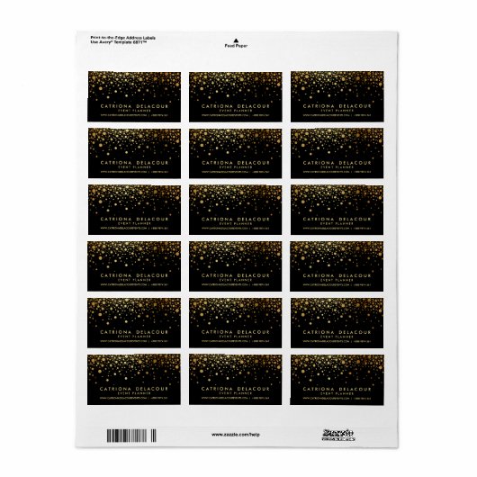 Faux Gold Foil Confetti Visitekaartje | Zwart Etiket (Full Sheet)