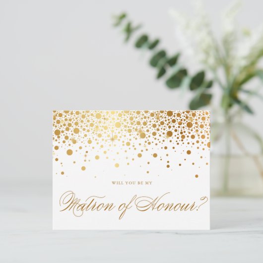 Faux Gold Foil Confetti | Wees mijn matron van eer Uitnodiging Briefkaart (Staand voorkant)