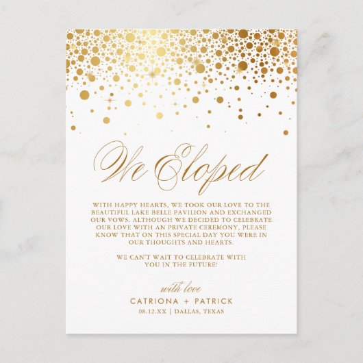 Faux Gold Foil Confetti White Weddenschap Elopemen Aankondigingskaart (Voorkant)