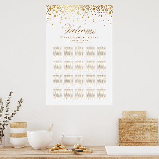 Faux Gold Foil Confetti White Wedding Seating Plan Poster (Keuken)