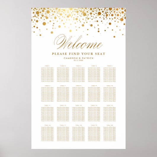 Faux Gold Foil Confetti White Wedding Seating Plan Poster (Voorkant)