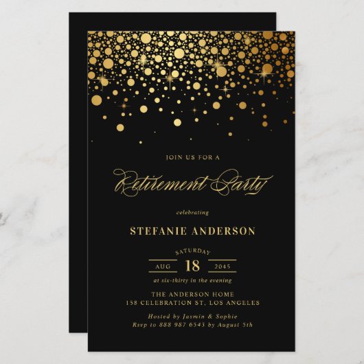 Faux Gold Foil Confetti Zwart Pensioen Uitnodigen (Voorkant / Achterkant)