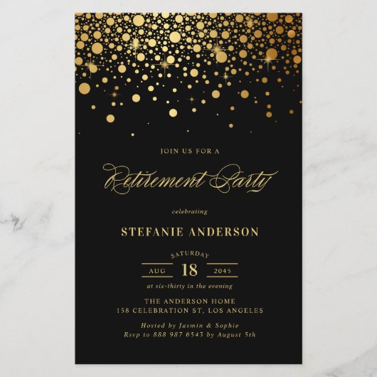 Faux Gold Foil Confetti Zwart Pensioen Uitnodigen (Voorkant)
