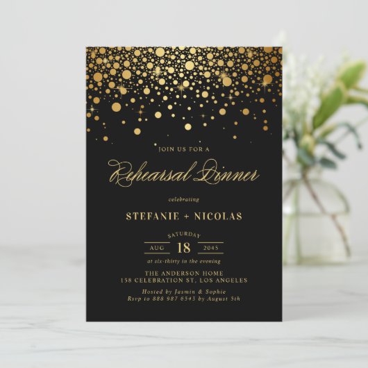 Faux Gold Foil Confetti | Zwart repetitief diner Kaart (Staand voorkant)