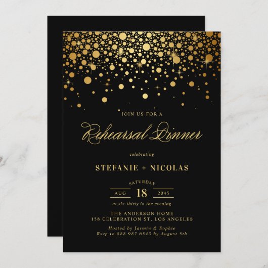 Faux Gold Foil Confetti | Zwart repetitief diner Kaart (Voorkant / Achterkant)