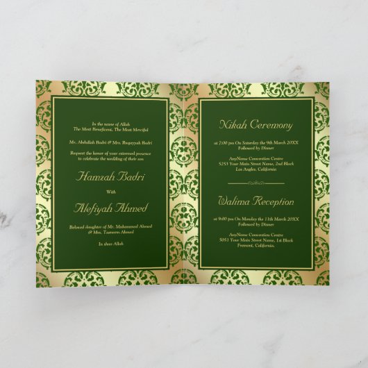 Faux Gold Foil Dark Green Damask Muslim Weduwen (Binnen)
