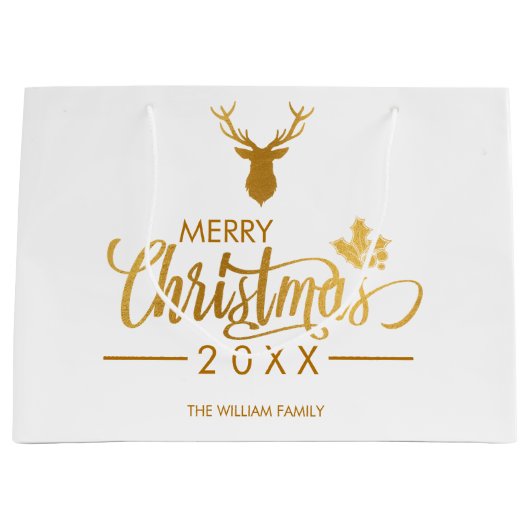 Faux Gold Foil Deer Merry Kerstmis op maat Groot Cadeauzakje (Voorkant)