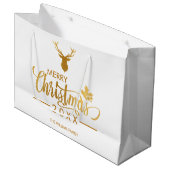 Faux Gold Foil Deer Merry Kerstmis op maat Groot Cadeauzakje (Voorkant Gekanteld)