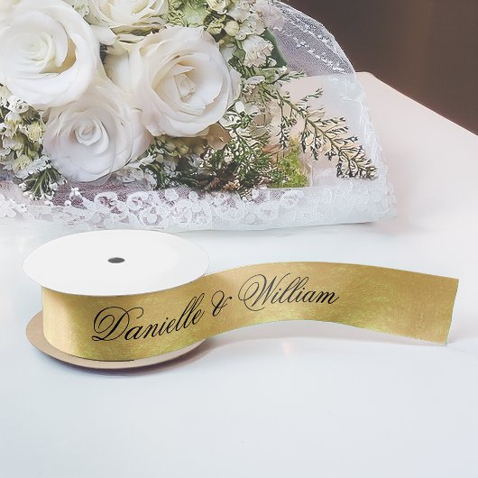 Faux Gold Foil Elegant Black Calligraphy Wedding Satijnen Lint