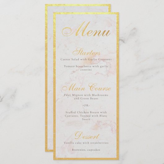Faux Gold Foil Elegant Calligraphy White Marble Menu (Voorkant / Achterkant)