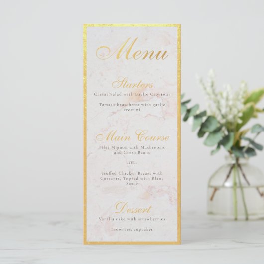 Faux Gold Foil Elegant Calligraphy White Marble Menu (Staand voorkant)