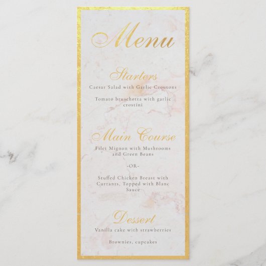 Faux Gold Foil Elegant Calligraphy White Marble Menu (Voorkant)
