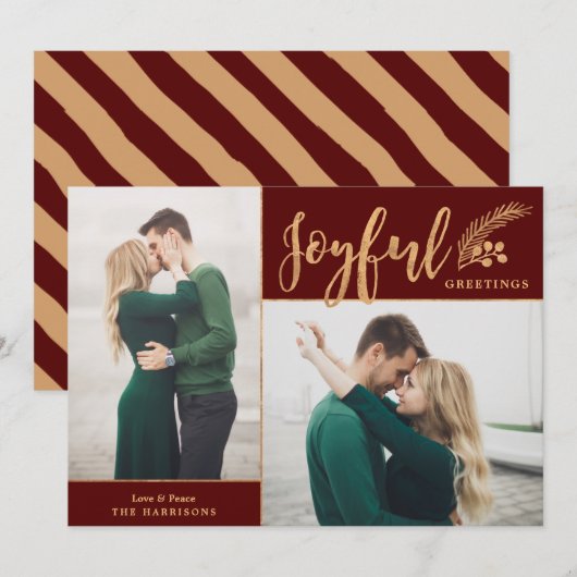 Faux Gold Foil Elegant Greetings Foto | Maroon Feestdagenkaart (Voorkant / Achterkant)