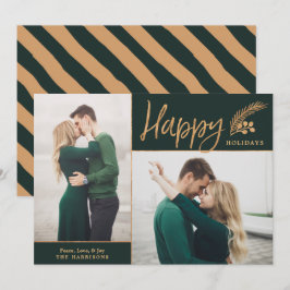Faux Gold Foil Elegant Happy Photo | Groen Feestdagenkaart