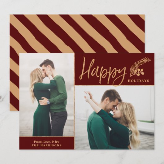 Faux Gold Foil Elegant Happy Photo | Maroon Feestdagenkaart (Voorkant / Achterkant)