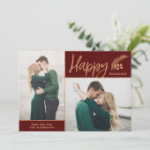 Faux Gold Foil Elegant Happy Photo | Maroon Feestdagenkaart (Staand voorkant)