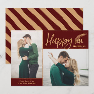 Faux Gold Foil Elegant Happy Photo   Maroon Feestdagenkaart