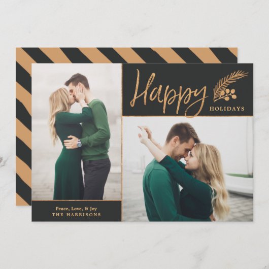Faux Gold Foil Elegant Happy Photo | Zwart Feestdagenkaart (Voorkant / Achterkant)