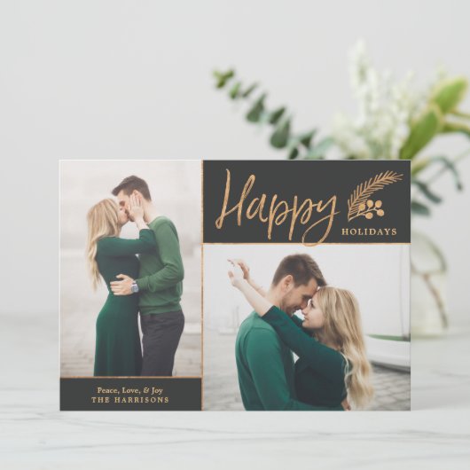 Faux Gold Foil Elegant Happy Photo | Zwart Feestdagenkaart (Staand voorkant)