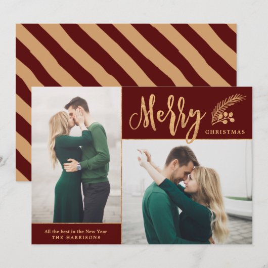 Faux Gold Foil Elegant kerstfoto | Maroon Feestdagenkaart (Voorkant / Achterkant)