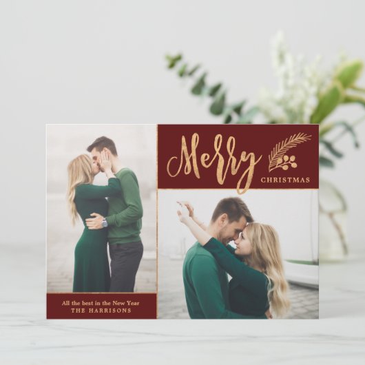 Faux Gold Foil Elegant kerstfoto | Maroon Feestdagenkaart (Staand voorkant)