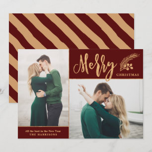 Faux Gold Foil Elegant kerstfoto Maroon Feestdagenkaart