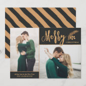 Faux Gold Foil Elegant kerstfoto | Zwart Feestdagenkaart (Voorkant / Achterkant)