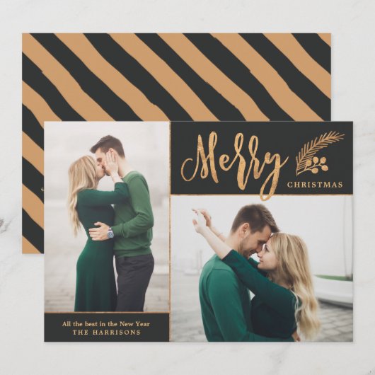 Faux Gold Foil Elegant kerstfoto | Zwart Feestdagenkaart (Voorkant / Achterkant)