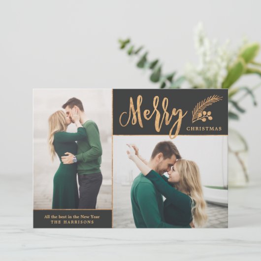 Faux Gold Foil Elegant kerstfoto | Zwart Feestdagenkaart (Staand voorkant)