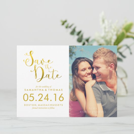 Faux Gold Foil Elegant Script Bewaar de datum Save The Date (Staand voorkant)