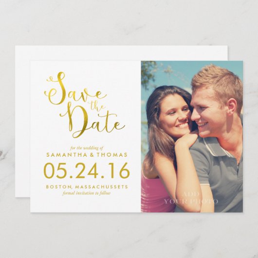 Faux Gold Foil Elegant Script Bewaar de datum Save The Date (Voorkant / Achterkant)