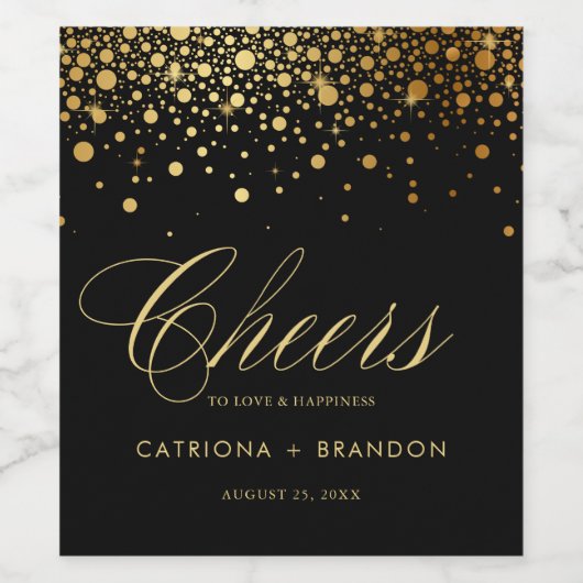 Faux Gold Foil en Black Confetti Stippen Weddensch Wijn Etiket (Enkel label)