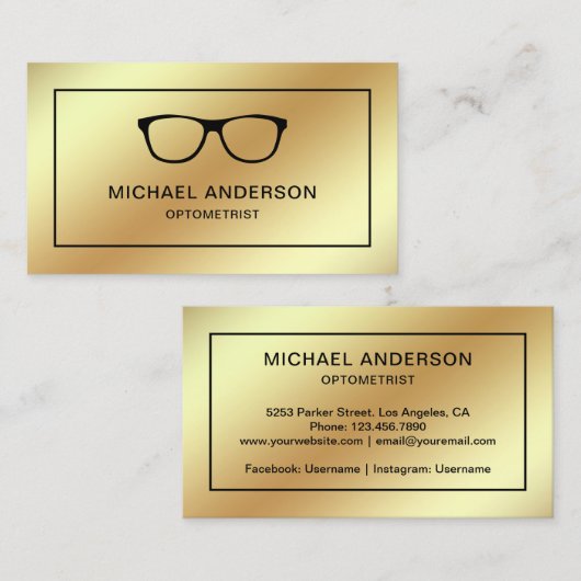 Faux Gold Foil Eyeglasses Oogdokter Optometrist Visitekaartje (Voorkant / Achterkant)