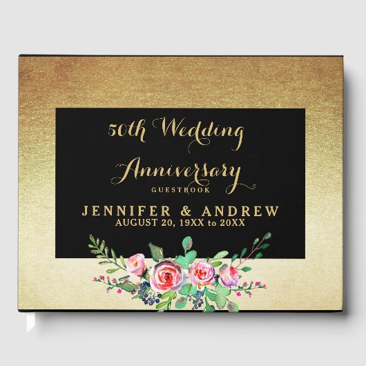Faux Gold Foil Floral 50ste bruiloft Jubileum Gastenboek (Voorkant)