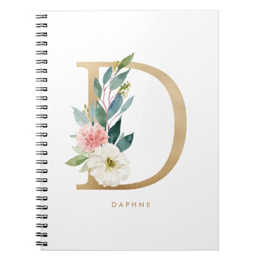 Faux Gold Foil Floral Letter D Monogram Notitieboek (Voorkant)