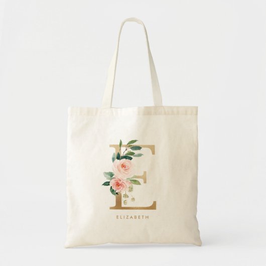 Faux Gold Foil Floral Letter E Monogram Bridesmaid Tote Bag (Voorkant)