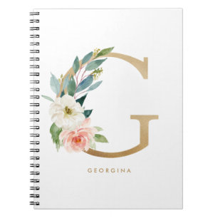 Faux Gold Foil Floral Letter G Monogram Notitieboek