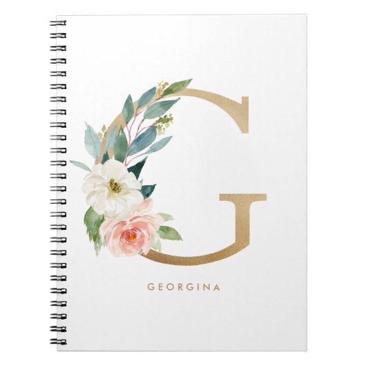 Faux Gold Foil Floral Letter G Monogram Notitieboek (Voorkant)