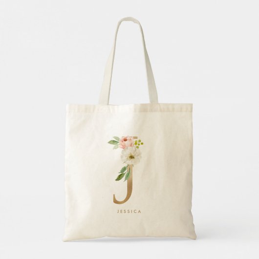 Faux Gold Foil Floral Letter J Monogram Bridesmaid Tote Bag (Achterkant)