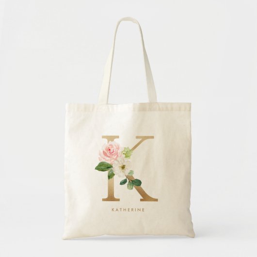 Faux Gold Foil Floral Letter K Monogram Bridesmaid Tote Bag (Voorkant)