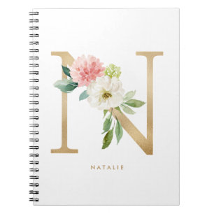 Faux Gold Foil Floral Letter N Monogram Notitieboek