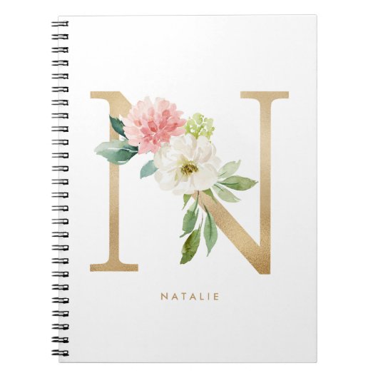  Faux Gold Foil Floral Letter N Monogram Notitieboek (Voorkant)