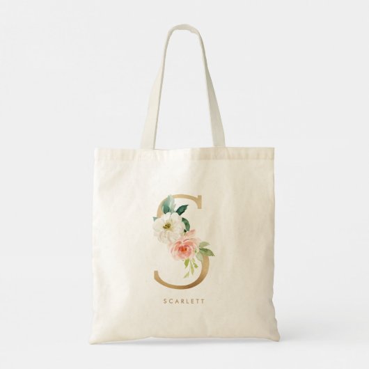Faux Gold Foil Floral Letter S Monogram Bridesmaid Tote Bag (Achterkant)