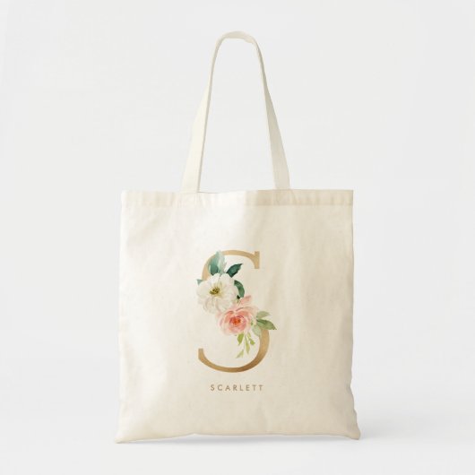 Faux Gold Foil Floral Letter S Monogram Bridesmaid Tote Bag (Voorkant)