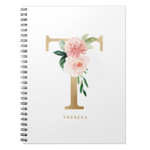 Faux Gold Foil Floral Letter T Monogram Notitieboek
