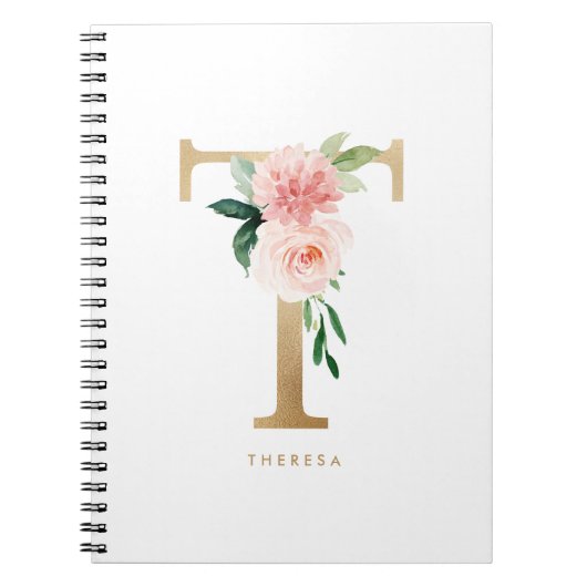  Faux Gold Foil Floral Letter T Monogram Notitieboek (Voorkant)