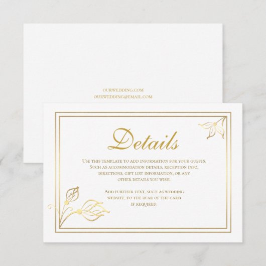 Faux Gold Foil Floral Wedding Details Card Informatiekaartje (Voorkant / Achterkant)