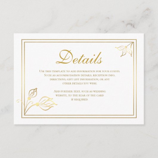 Faux Gold Foil Floral Wedding Details Card Informatiekaartje (Voorkant)